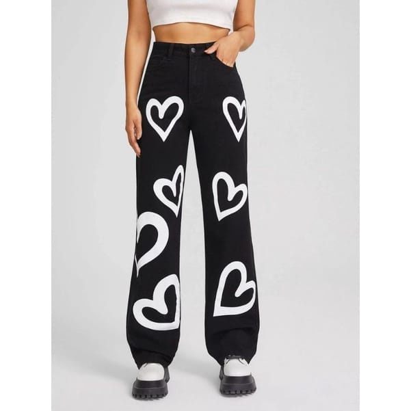 Aozora Outfit Celana Highwaist Jeans Wanita - BF Jeans Kulot Jeans Love Putih Sablon Gaya Korea