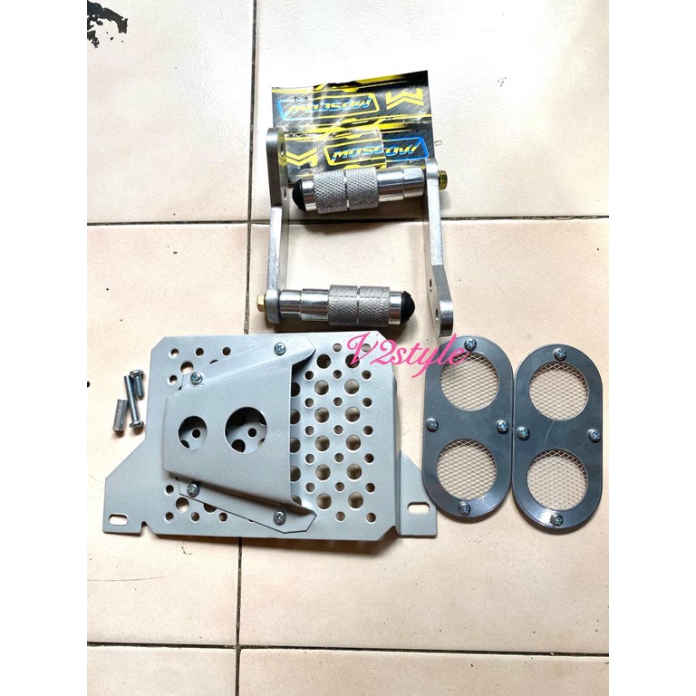 PAKET ACCECORIES AEROX LAMA / AEROX 155 OLD FULL CHROME FOOTSTEP PIJAKAN KAKI BELAKANG STEP UNDER BONE AEROX TUTUP RADIATOR COVER RADIATOR AEROX LAMA DIFFUSER AIR VENTILATOR COVER SARINGAN UDARA PNP SILVER + JALU BRECKET KARET CHROME OOTSTEP UNDERBONE AER