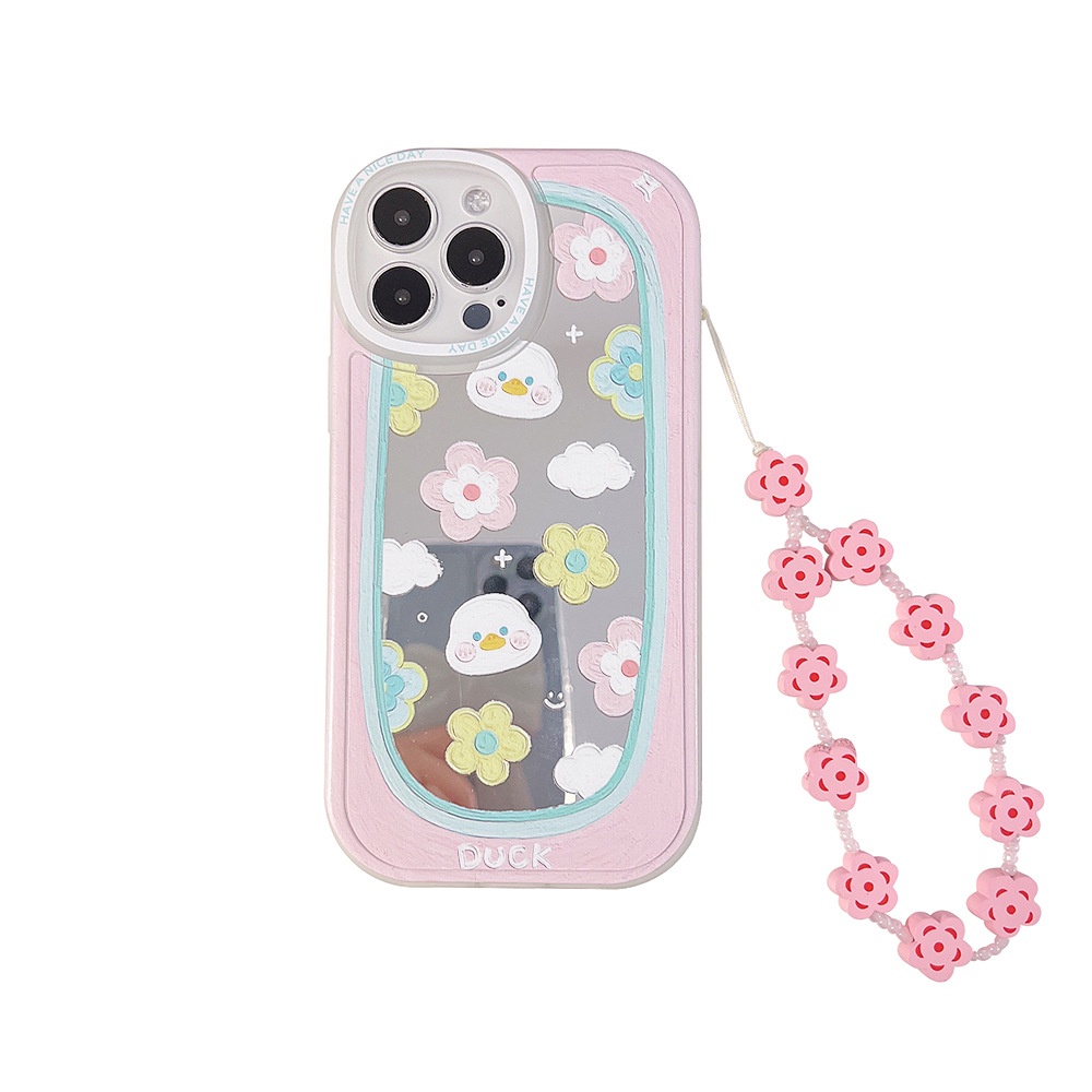 IPHONE Bunga Cermin Make Up Big Eyes Case Dengan Rantai Warna Pink Untuk Iphone11 8 7 Plus SE2 XS XR 12 13 Mini PRO MAX Casing Cover Pelindung AT0209