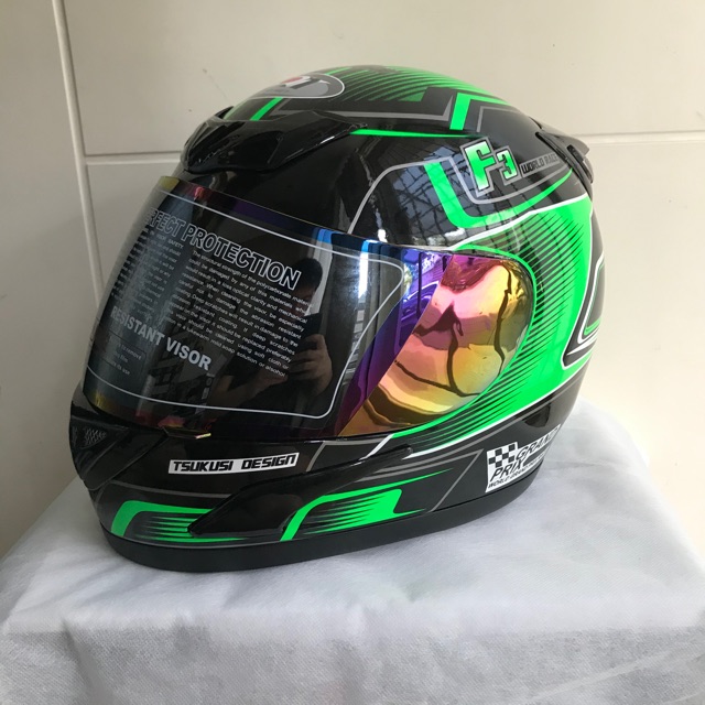 Helm JPN fullface F3 hitam gloss stiker hijau