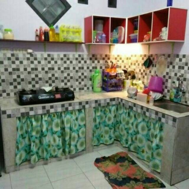 Gorden bawah kompor/Gorden kolong dapur/Gorden Kolong Meja Dapur Bahan Katun Premium  Bunga Biru