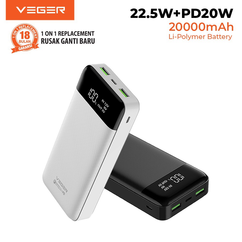 Power Bank VEGER Q21 20000mAh LED Digital Display Power Bank Quick Charger  22,5W  + PD Original