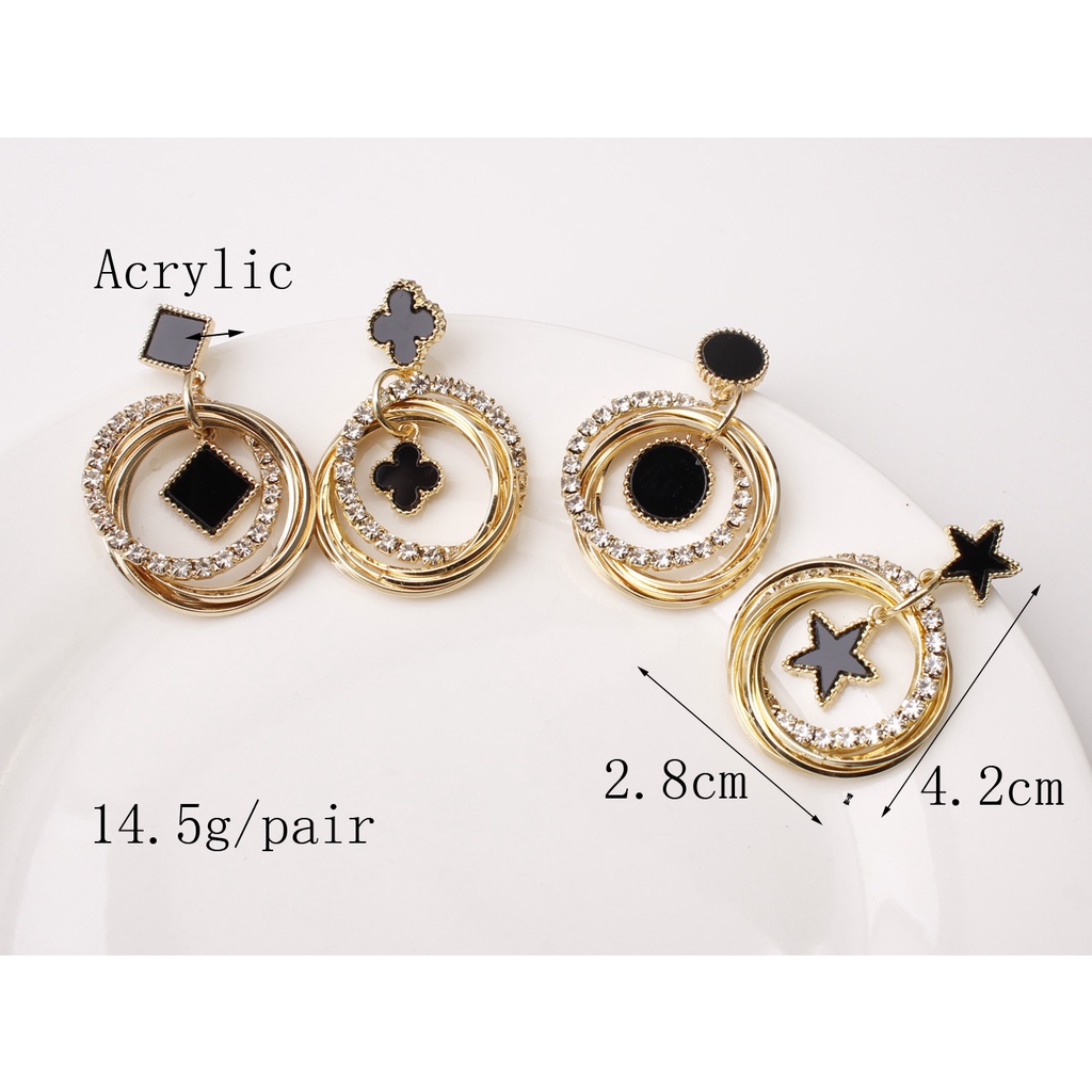 925 jarum perak berlebihan bulat Clover Pentagram anting-anting gaya Korea multilayer diamond teling