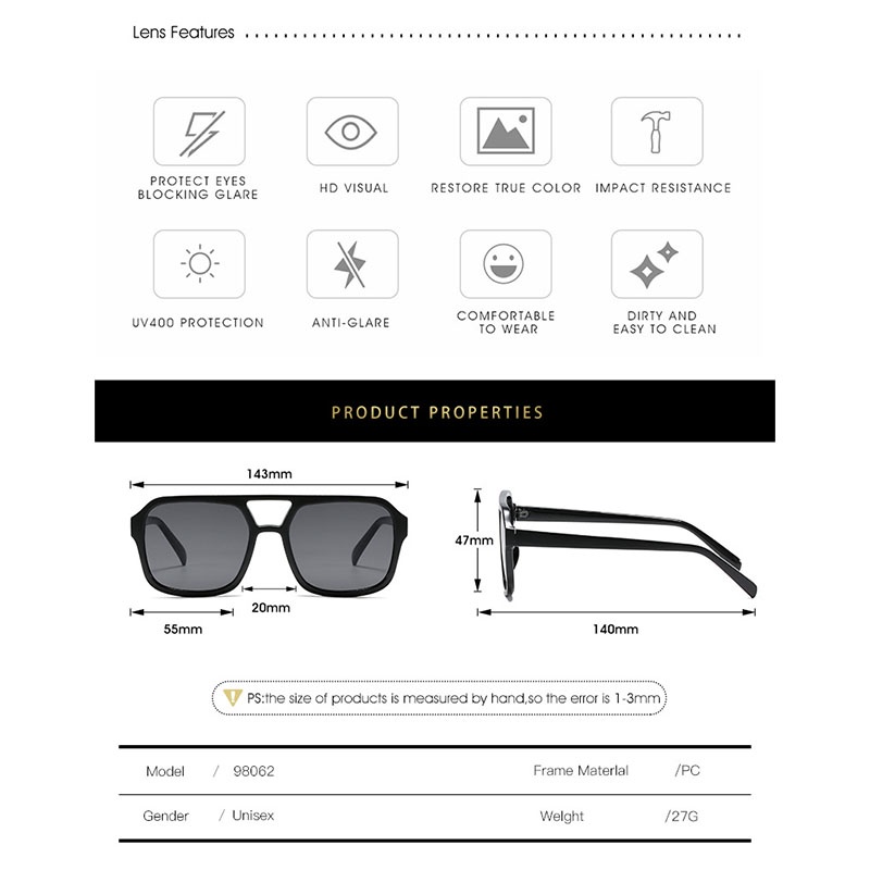 Kacamata Hitam Wanita Retro Klasik Kacamata Fashion Frame Besar Lensa UV Untuk Pria - AG2