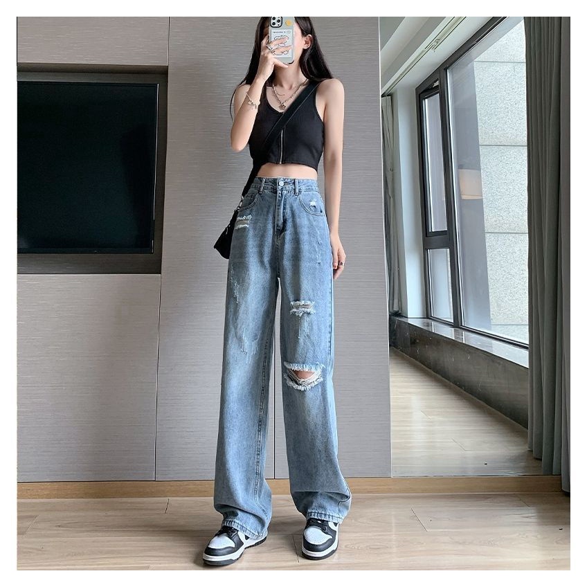 jeans import boyfriend celana wanita ripped highwaist panjang kekinian 2023 korean style ootd