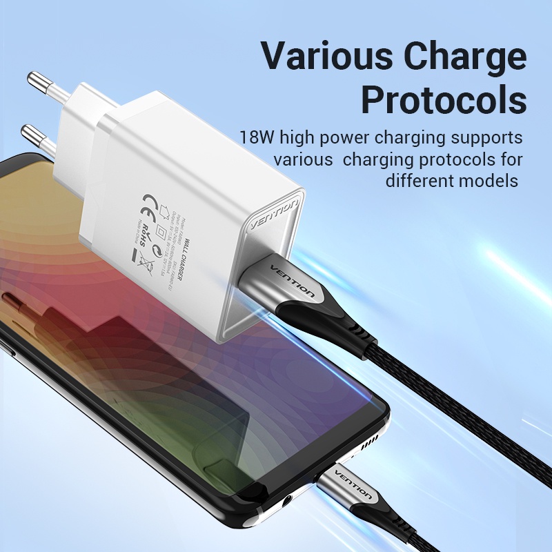 Vention 18W Adapter Charger USB Fast Charging Plug EU Untuk Huawei Samsung Xiaomi