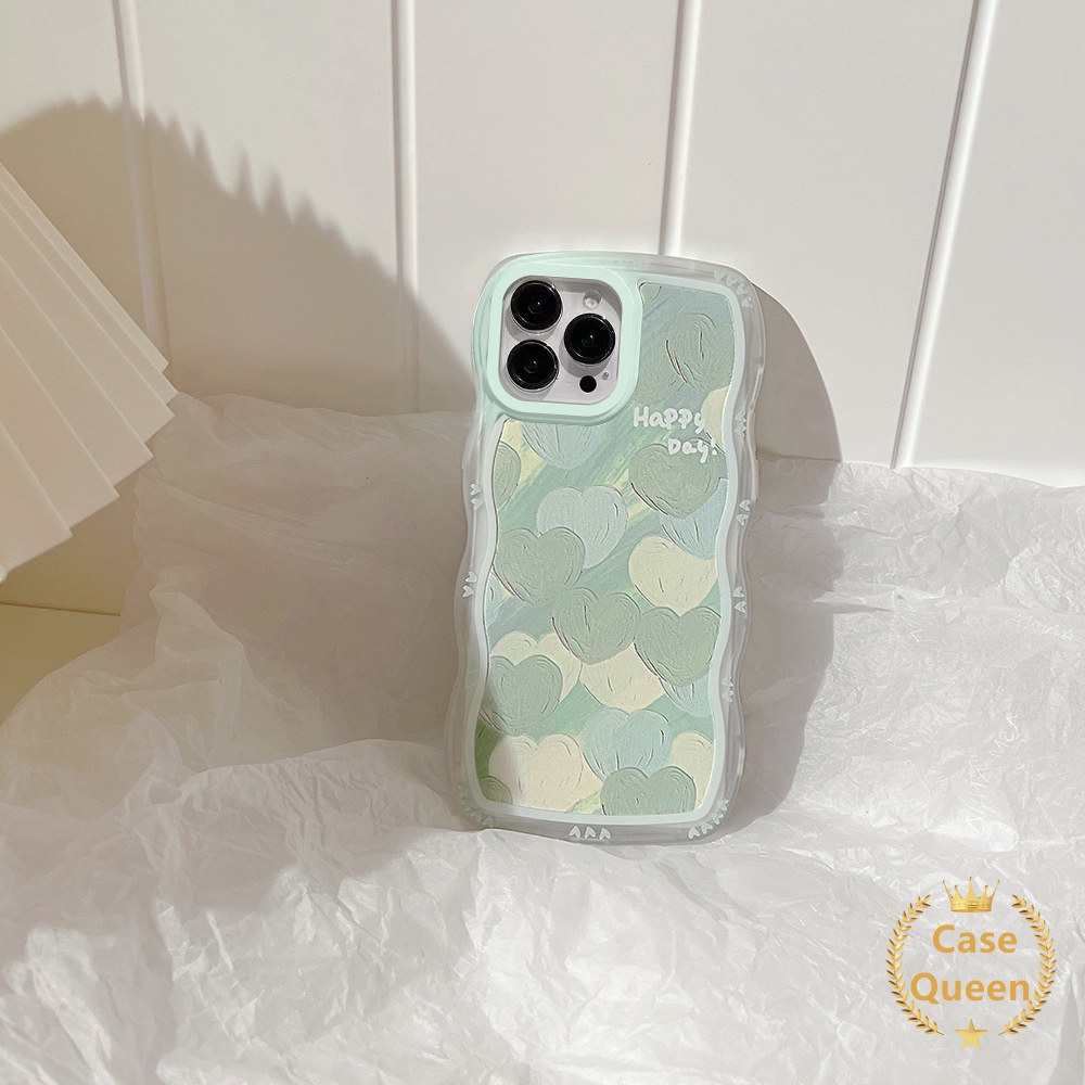 Case Oppo A17 A57 2022 A54 A7 A16 A15 A5s A53 A33 2020 A16s A12 A3s A17K A15s A11K A35 A12e A32 Lukisan Cat Minyak Hijau Love Hati New Wavy Edge Pelindung Kamera Soft Cover