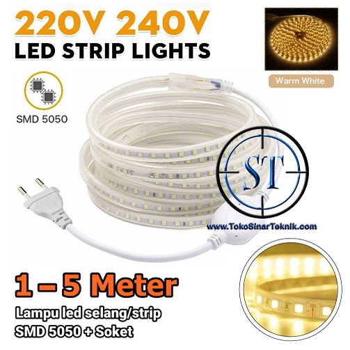 Lampu Led Strip Selang WARM WHITE SMD 5050 Panjang 1-5 Meter In Ac 220V Warna Kekuningan Cocok Indoor - Outdoor Lampu Hias Taman Plafon Rumah Waterproof