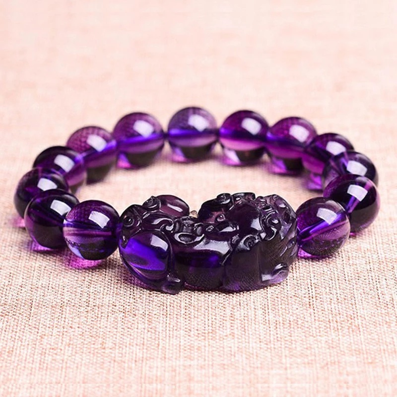 Feng Shui Purple Crystal Pixiu Bracelet Wealth Prosperity Mantra Bead Charms Hand Carved Jewelry Attract Good Luck