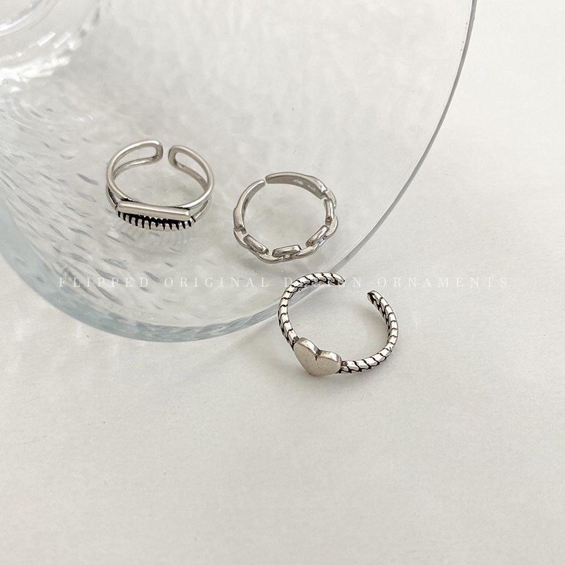 YEEZII 3pcs / Set Cincin Model Terbuka Adjustable Desain Hati Warna Silver Gaya Retro Untuk Wanita