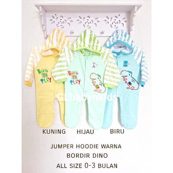 OBRAL! Ecer Jumper Hoodie Bayi Newborn Bordir Dino All Size 0-3 Bulan 100%Katun