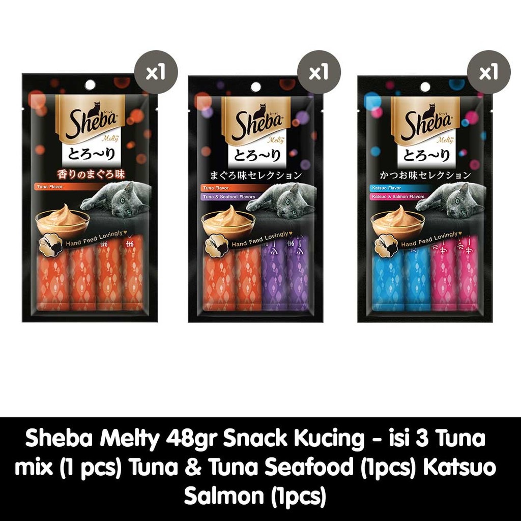 Sheba® Melty Snack Kucing Basah rasa Tuna Mix, Tuna Seafood, dan Katsuo Salmon 48gr - Isi 3