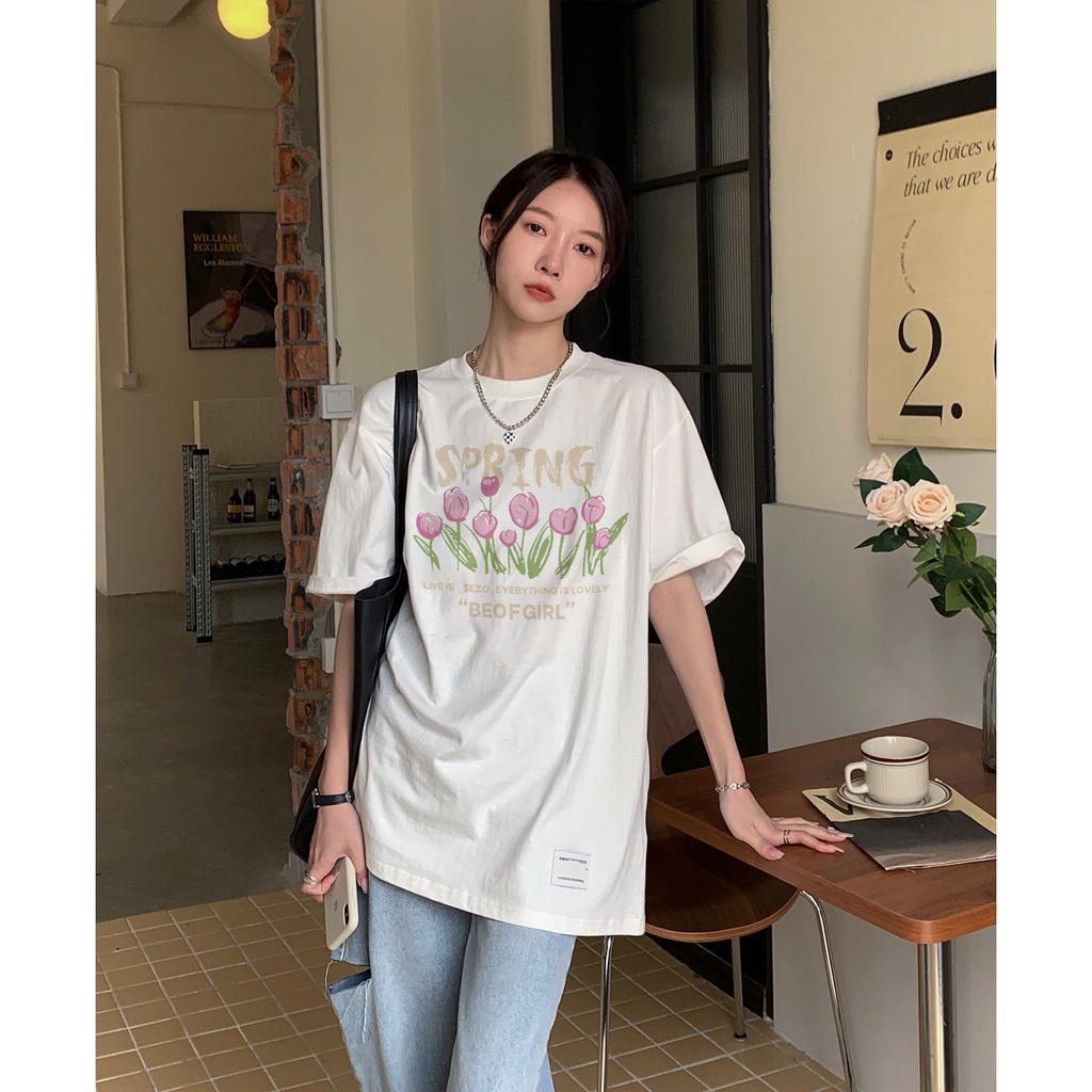 100% Katun Graphic Tee Baju Wanita Flower Atasan Wanita Oversize Kaos Putih T-shirt Couple Korean Style