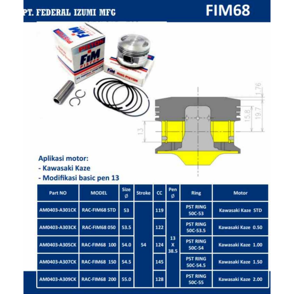 Piston Kit FIM Kawasaki Kaze Dia. 53 53.5 54 54.5 55 mm Pen Pin 13-1