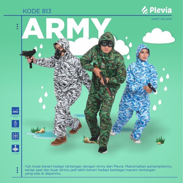 JAS HUJAN JAKET CELANA ARMY 813 PLEVIA / MANTEL HUJAN PLEVIA ARMY MURAH