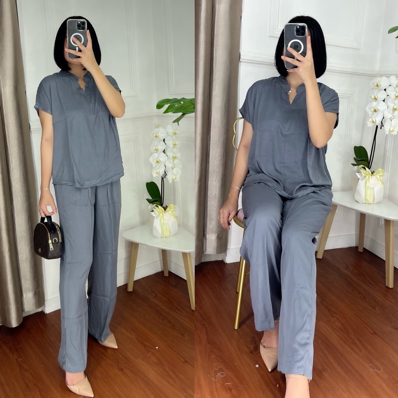 ONE SET TWILL PIYAMA SET TWILL/PAJAMAS/DAILY ONE SET/SETELAN / SETCEL / KEMEJA RAYON / RAYON TWILL-DARK GREY TWILL