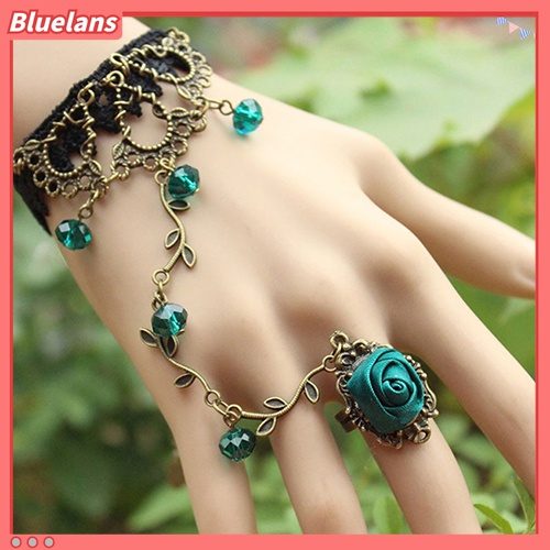 Bluelans Gelang Sambung Cincin Bahan Lace Motif Bunga Gaya Retro / Gothic Untuk Wanita