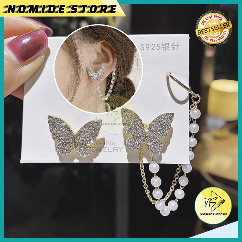 ANTING TITANIUM KOREA PEREMPUAN DEWASA KUPU KUPU KRISTAL RUMBAI MUTIARA GIWANG AKSESORIS ANT89