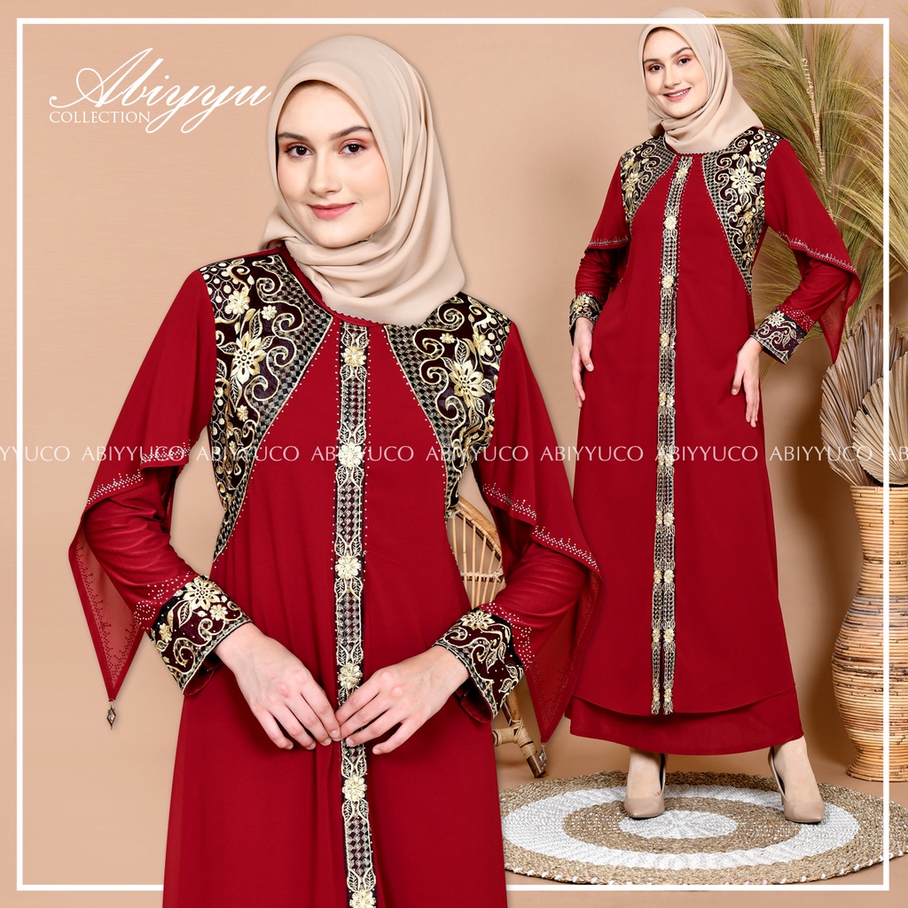 Abiyyuco TA9012 | Abaya Turkey / Abaya Turki / Abaya Hitam / Abaya Warna / Abaya Jersey mix Ceruty, dengan aplikasi bordir renda dan mote swarovsky, ready warna hitam, maroon, hijau botol, navy, coklat, biru toska, lemon, dan kuning kunyit