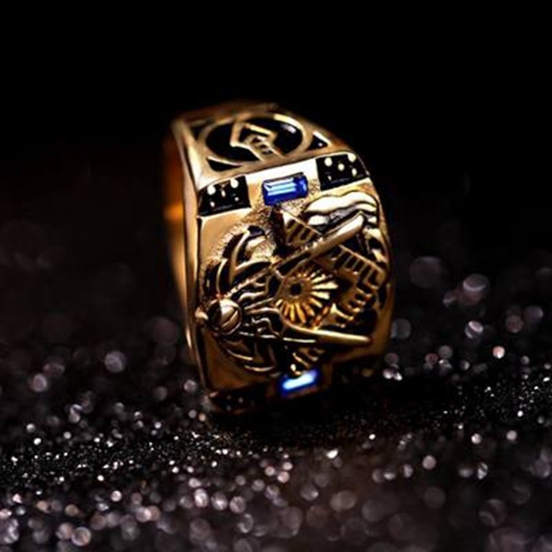 Cincin Emas Masonic Retro Hias Batu Permata Biru Untuk Pria