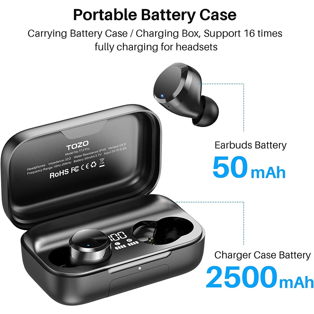 TOZO T12 TWS Wireless Earbuds Bluetooth Headphones Wireless Charging IPX8