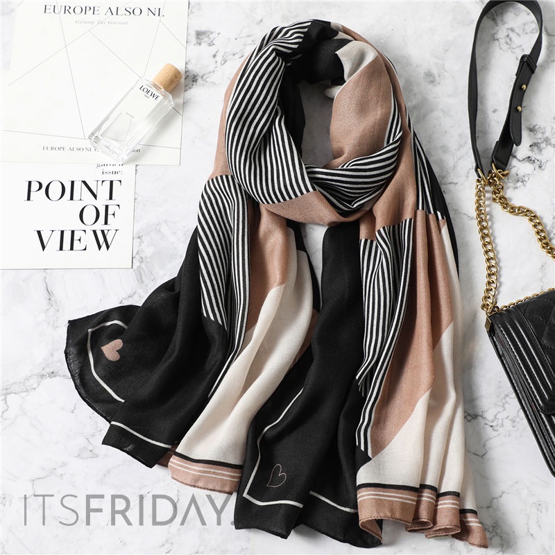 ITSFRIDAY KIRANA in CREAM Scarf  - Premium Pashmina Shawl Selendang Syal Pasmina Hijab Import Motif Clasic Geometri Black Brown