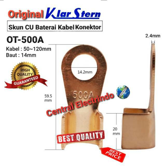 Skun Kabel CU KlarStern OT-500A Kabel 50~125mm Baut 14mm Baterai Kabel Konektor.