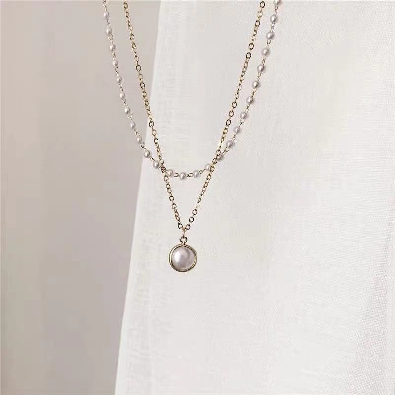 Kalung Rantai Klavikula Lapisan Ganda Hias Mutiara Gaya Retro Untuk Wanita