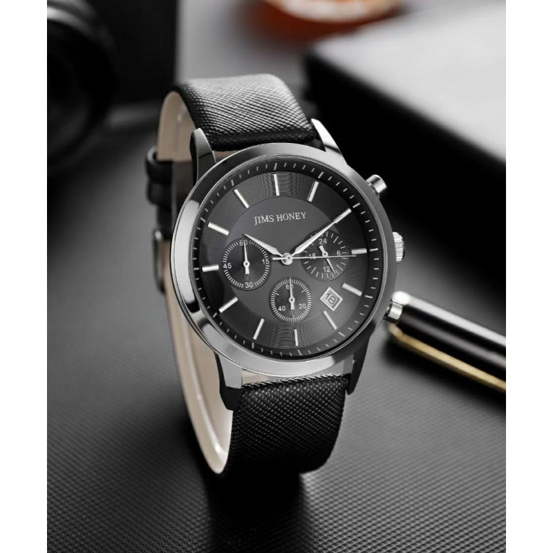 JIMSHONEY JT 8305 jam tangan pria analog free box kayu eksklusif, jam kulit, jam steinless steel