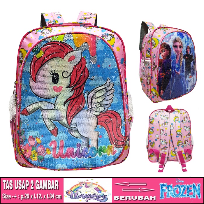 Tas ransel anak sekolah Sequin // usap 2 gambar karakter LOL UNICORN HELLO KITTY PONY FROZEN