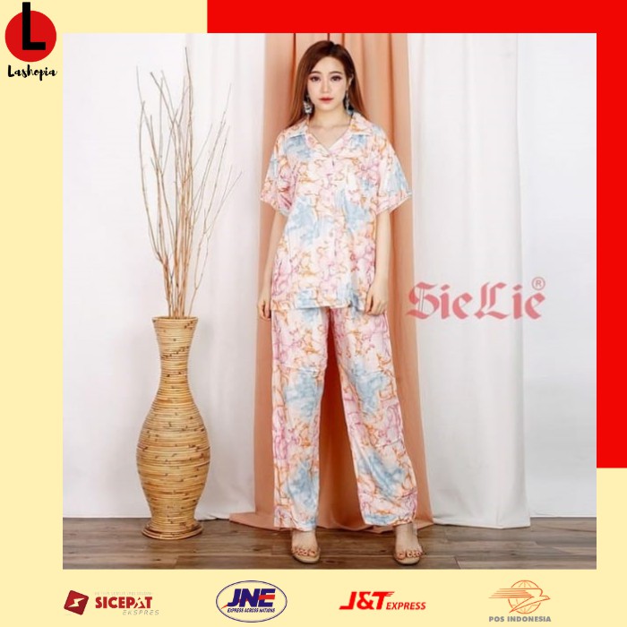 Piyama baju tidur rayon tangan pendek wanita dewasa motif abstrak elegan cantik kekinian Sie Lie