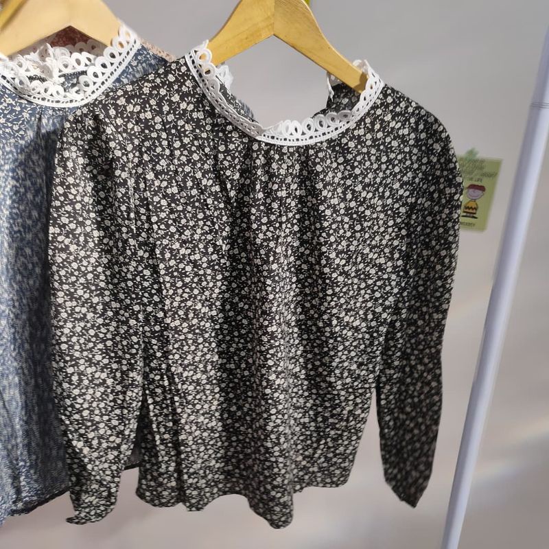 【BISA COD】Chiffon Lace Floral Blouse wanita Lengan Panjang summer atasan blus import cewek-Hitam