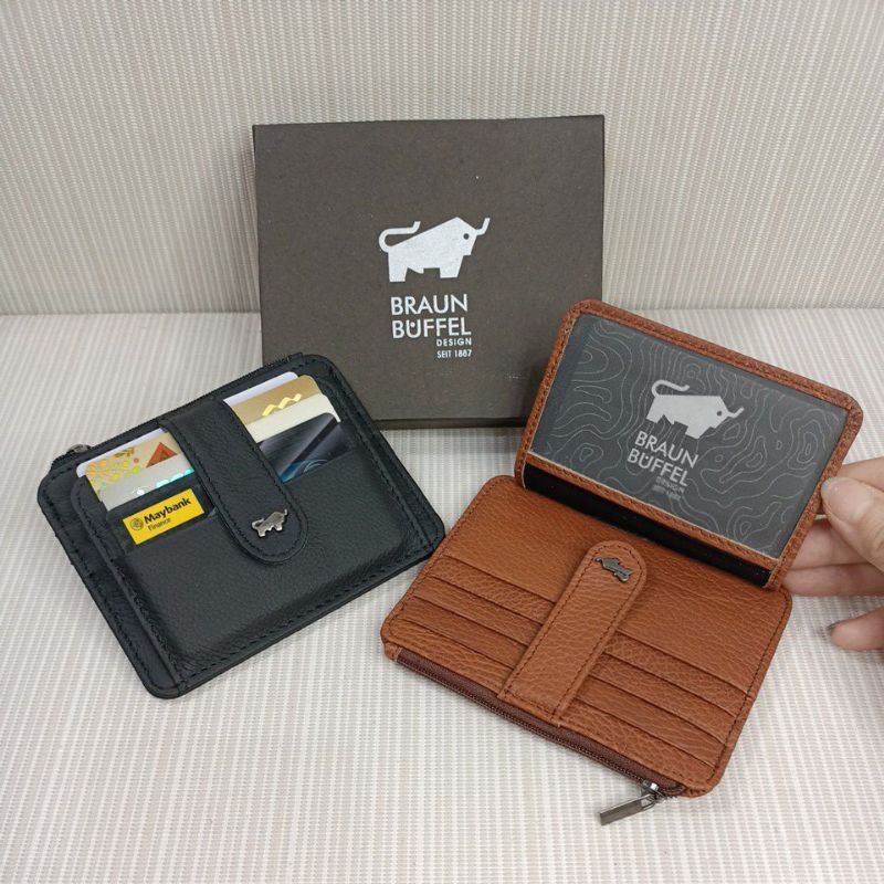 Dompet kartu kancing sleting kulit sapi asli + box