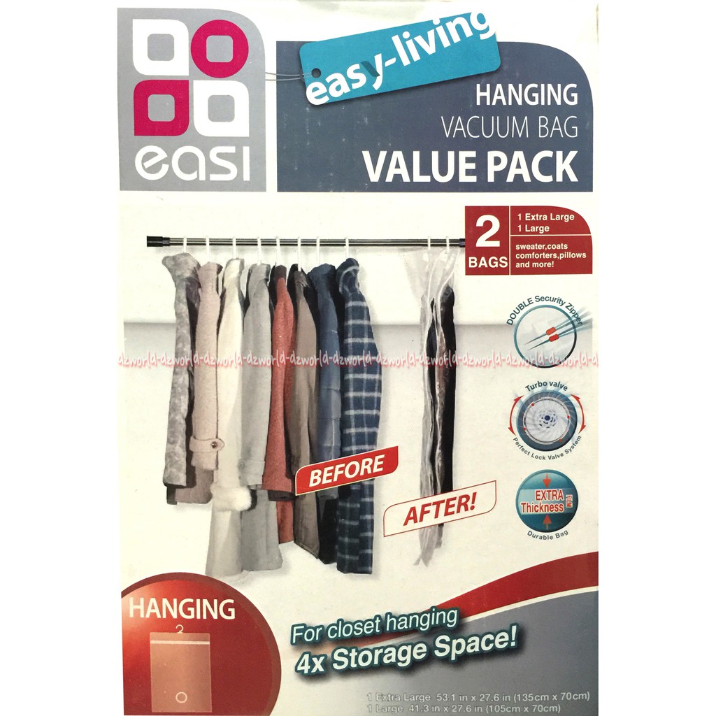 Stora Easi Easy Living Hanging Vacuum Bag Value Pack 2bags Plastik Panjang Hanger Gantungan Untuk Menghemat Tempat Ruang Lemari Baju Pakaian Organizer Cloth