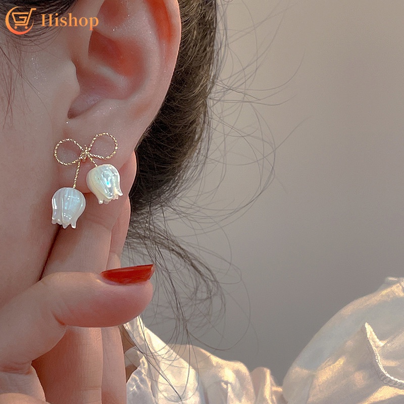 Anting Stud Desain Bunga Tulip Pita Warna Putih Emas Gaya Elegan Untuk Wanita