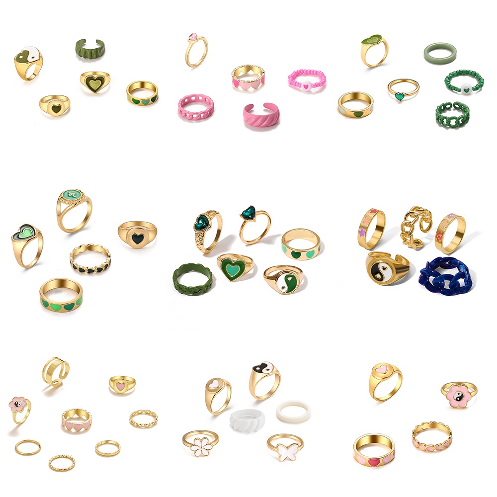 YEEZII 6pcs / Set Cincin Desain Butterfly Hati Warna-Warni Gaya Retro Untuk Wanita