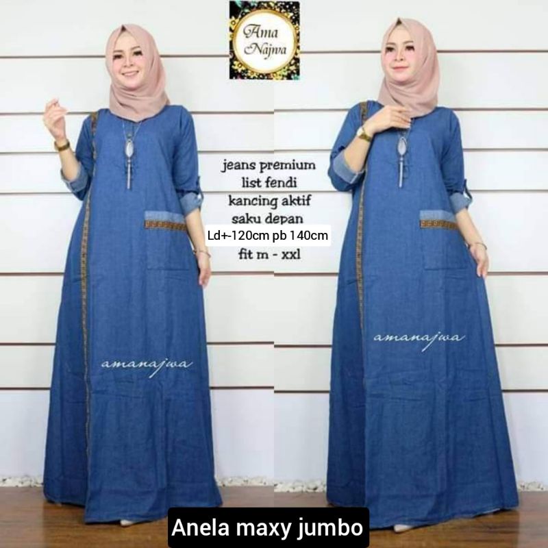 Dress Jeans Jumbo Wanita Terbaru LD 120 Maxi Dress Jeans Gamis Kekinian Wanita Muslim Casual Terbaik