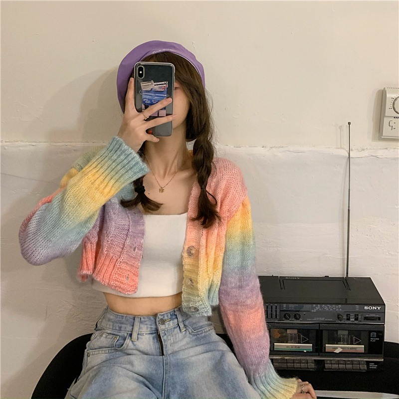 RAINBOW CROP CARDI KOREAN CARDIGAN SWEATHER KOREA SWEATER WANITA BAHAN RAJUT PREMIUM