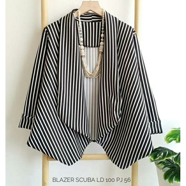 zarra Blazer salur white warna hitam putih kombinasi black blezer motif garis wanita bahan Scuba ter