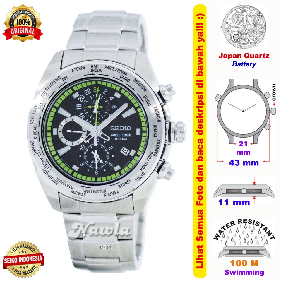 Seiko Quartz SPL033P1 Alarm World Timer Black - Jam Tangan Pria SPL033