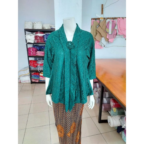 (BrL110) Kebaya floy BROKAT GLITTER & FOIL EMAS 7/8 lurus jumbo KeroncongBusana-Hijau Botol, GLITTER