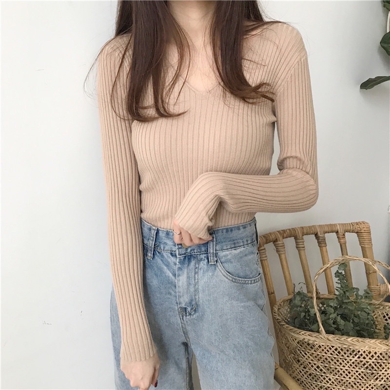 Sweater Rajut Wanita kerah V neck Korea lengan panjang Atasan Wanita Knit Premium Tebal