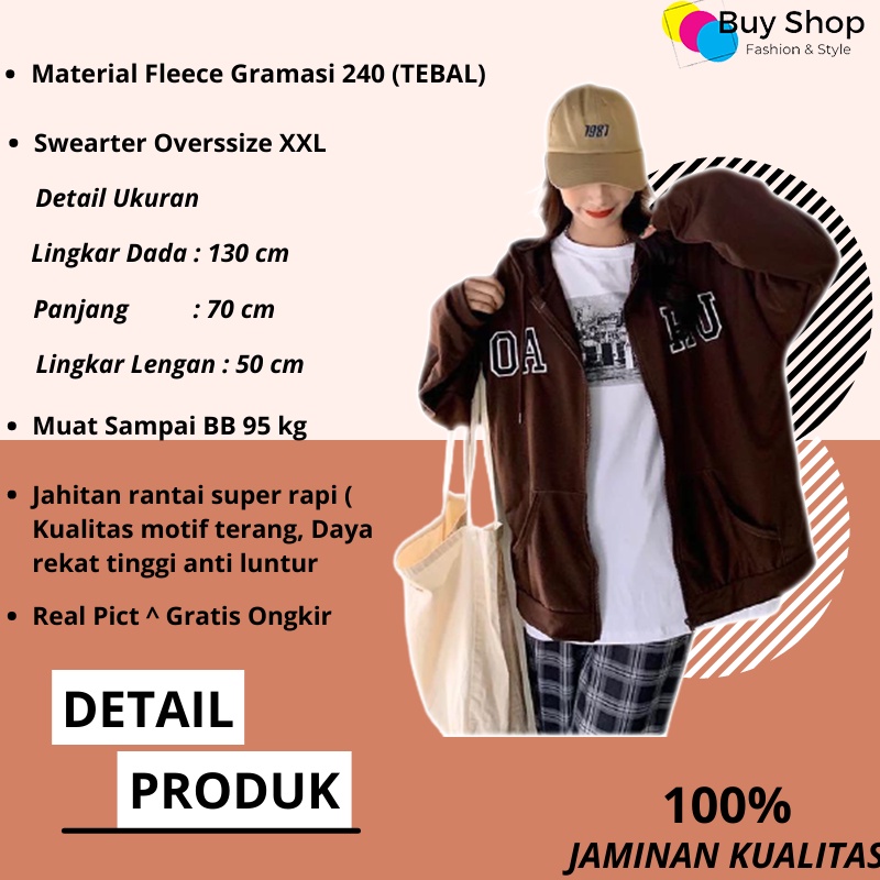 jacket oversize hoodie wanita OU HU XXL LD 130 CM PJ 70 CM sweater  oversize wanita sweater big size jaket hoodie wanita-2