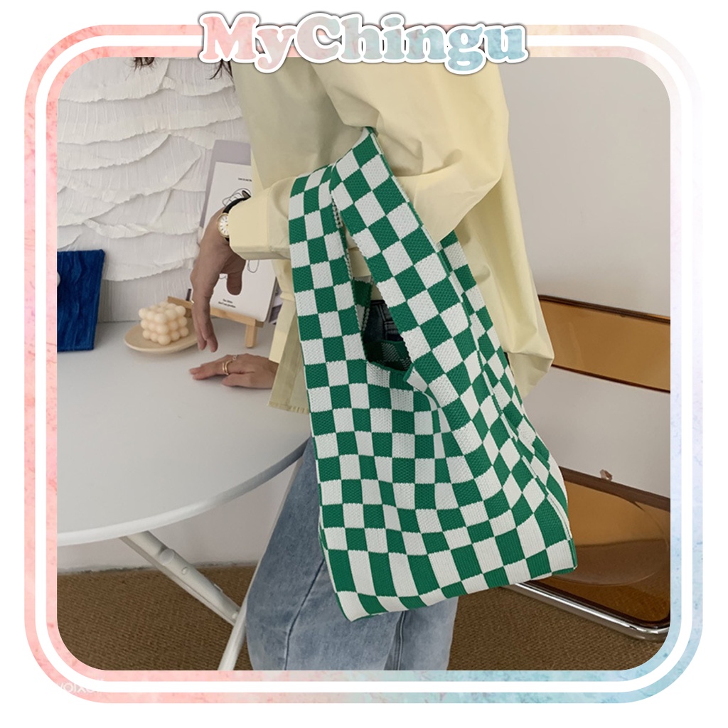 ❀ Chingu ❀ TW010 (ORI IMPORT) Buffollow Vacay Motif Catur Tas Bene Korean Knitted Checkered Tote Bag Tas Rajut Kotak Kotak Totebag Viral Bangkok