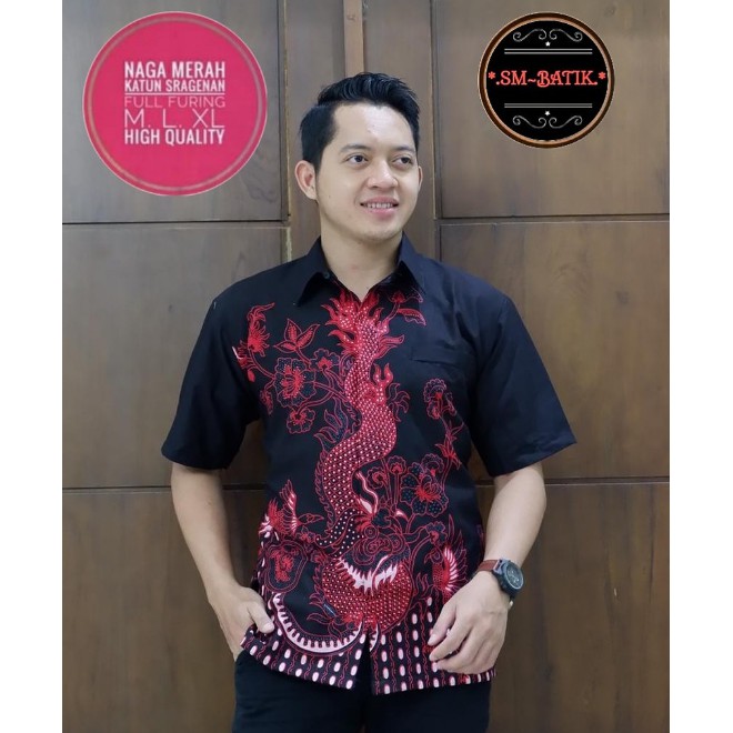 Naga Merah ORI Kemeja Batik Pria Eksklusif Lengan Pendek Berfuring