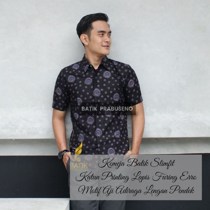 Kemeja Batik Solo Asli Prabuseno Lengan Pendek Motif AJI ADIRAGA Size Slimfit Seragam Kantoran Styli