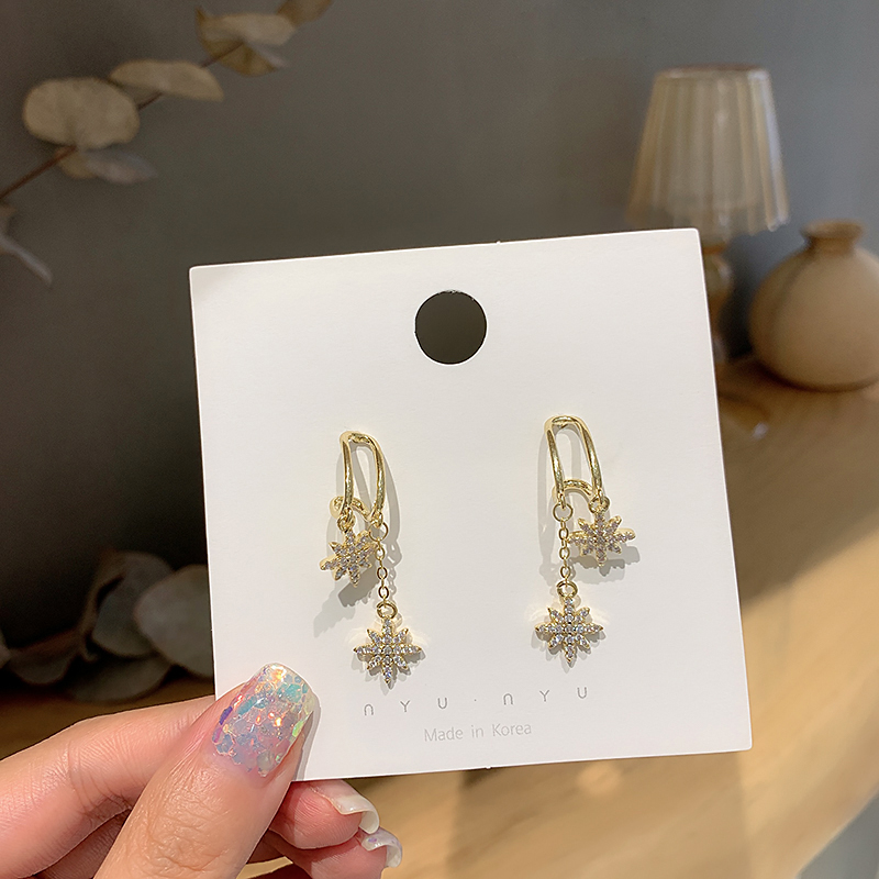 Berlian Berkilau Baris Ganda Delapan-Bintang Rumbai Anting-Anting Temperamen fashion Korea Wanita