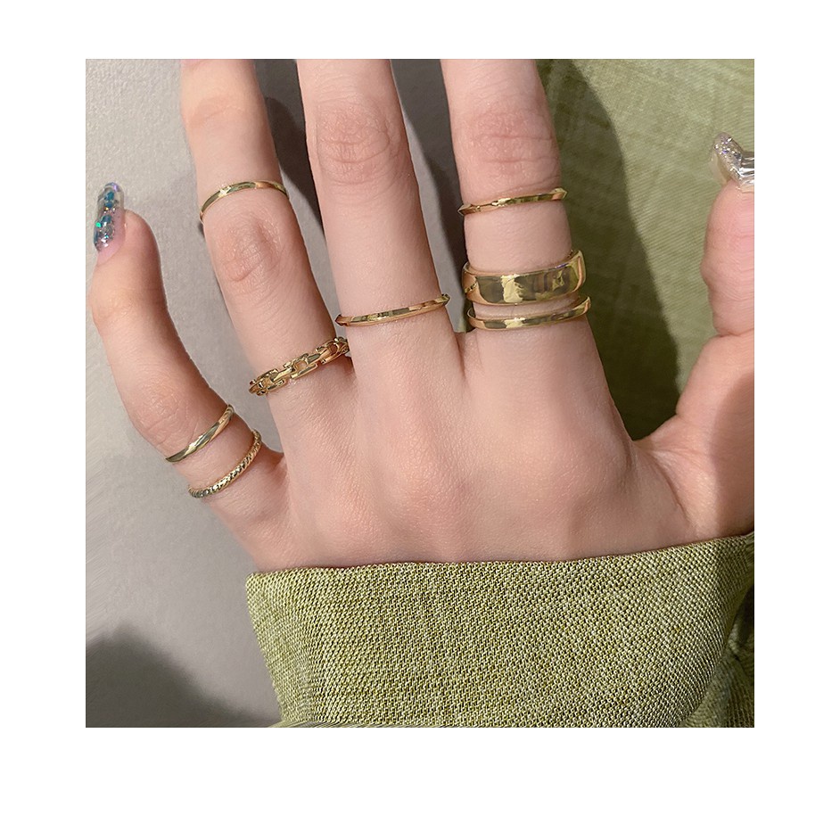 IFYOU 7pcs / Set Cincin Rantai Emas Model Terbuka Gaya Retro Korea Untuk Aksesoris Perhiasan