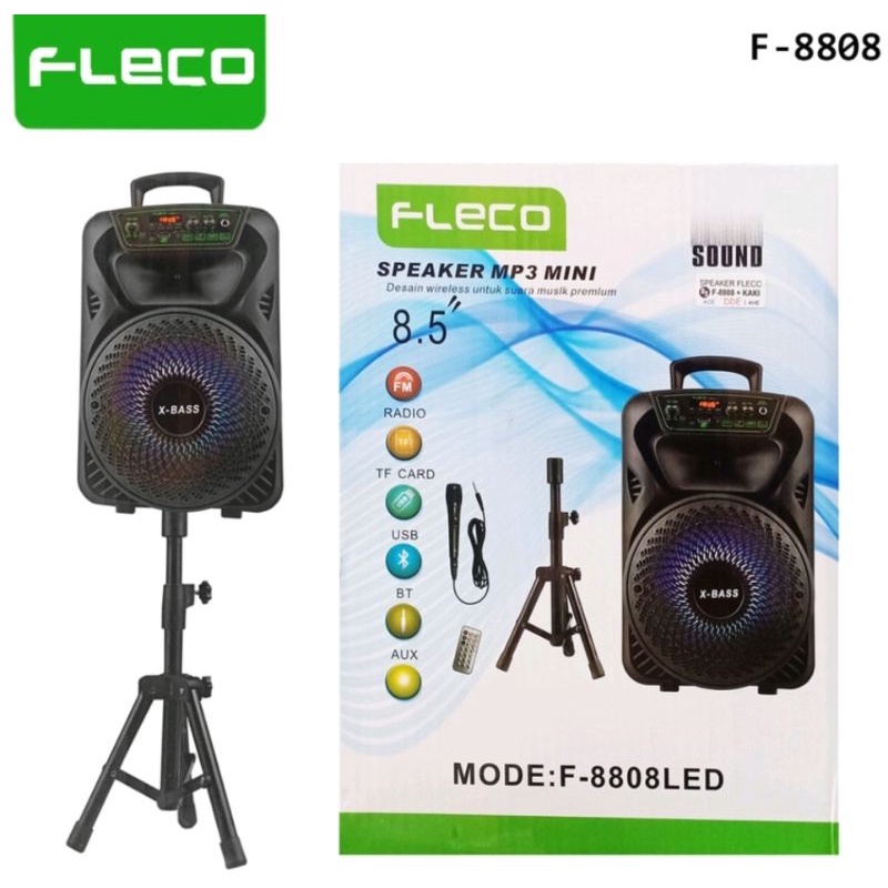 (COD) SPEAKER BLUETOOTH FLECO F-8805/F-8807/F-8808/F-8863 LED 8.5 INCH X-BASS FREE STAND & MIC