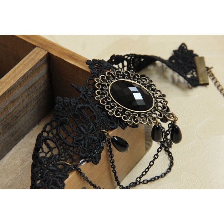 Kalung Wanita Choker Bentuk Rantai Renda Warna Hitam BLANs-1